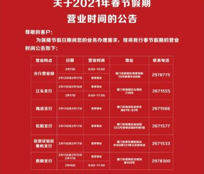 2021中国银行春节假期/2021中国银行春节假期放假几天